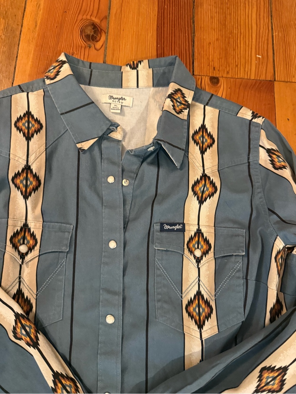 Wrangler Blue and Cream Southwestern Stripe Button-Down Shirt - Picture 2 of 3